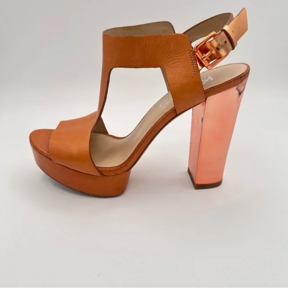 Kors Michael Kors Stylish Tan Platform Vernon Heels Mirrored Rose Gold Heel